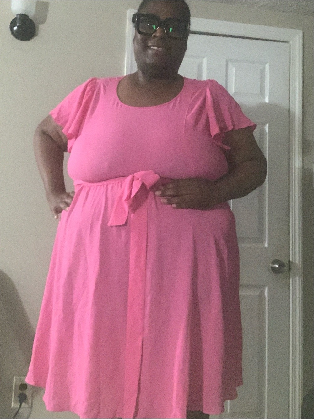 SHEIN Hot Pink Tie-Waist Flutter Sleeve Dress